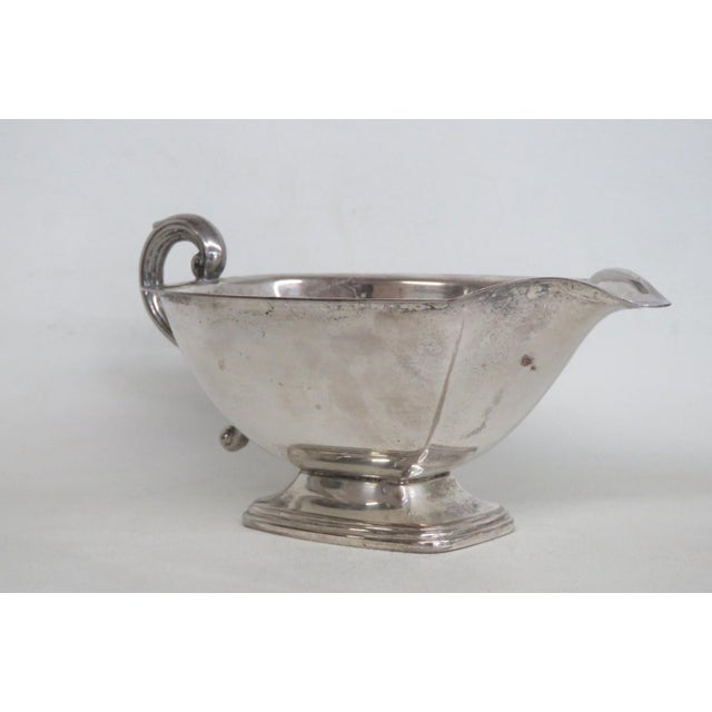 Mid 20th Century Metal Gravy Boat Silver Plated Sauce Serving Dish With Scrollwork Handle For Sale - Image 15 of 15