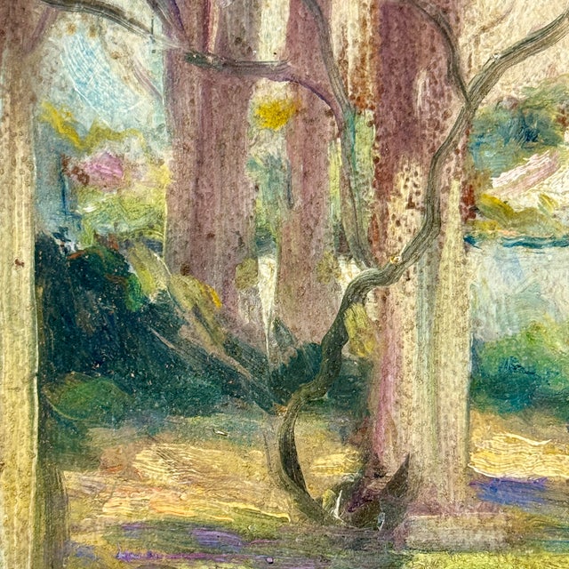 Early 20th Century Joyous Original O/B Post Impressionist Painting of Scenic River Scene With Vine Covered Pergola For Sale In New York - Image 6 of 10