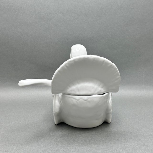 Vintage Fortunoff Lidded White Ceramic Turkey Gravy Boat With Ladle