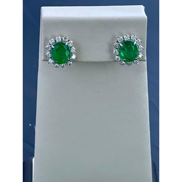 8 Ct Oval Colombian Emerald & 2.5 Ct Diamond Post Back Earrings 18 Kt White Gold For Sale - Image 9 of 18