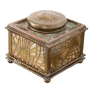 Tiffany Studios New York Pine Needle Bronze Doré and Slag Glass Inkwell
