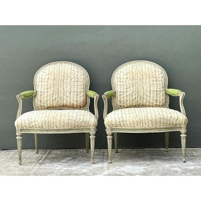 French Vintage Louis XVI Style Printed Swag Armchairs - Pair For Sale - Image 3 of 12