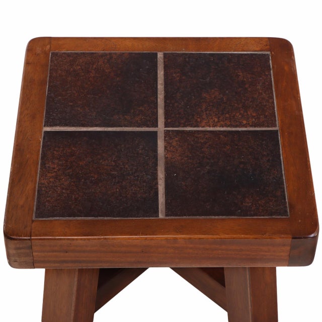 1960s French Mahogany Tile-Top End Table in Brutalist Style, C. 1960 For Sale - Image 5 of 6