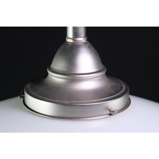 1940s Opaline Glass Schoolhouse Brushed Steel Pendant Light For Sale - Image 6 of 8