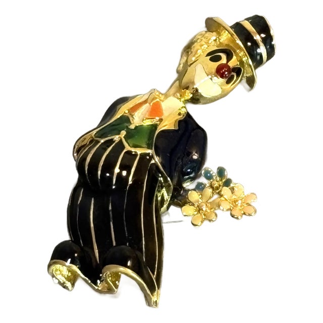Large Gold Tone Enameled Clown Brooch For Sale