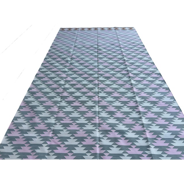 Handmade Cotton Area Rug, Vegetable Dyed, Gray, Pink, Cream and Tan Geometric Dhurrie -6'x12' For Sale - Image 10 of 13