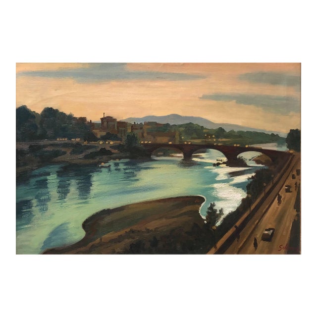 Saul ScharyLarge Modernist Oil Painting Bridge over the Water Landscape For Sale