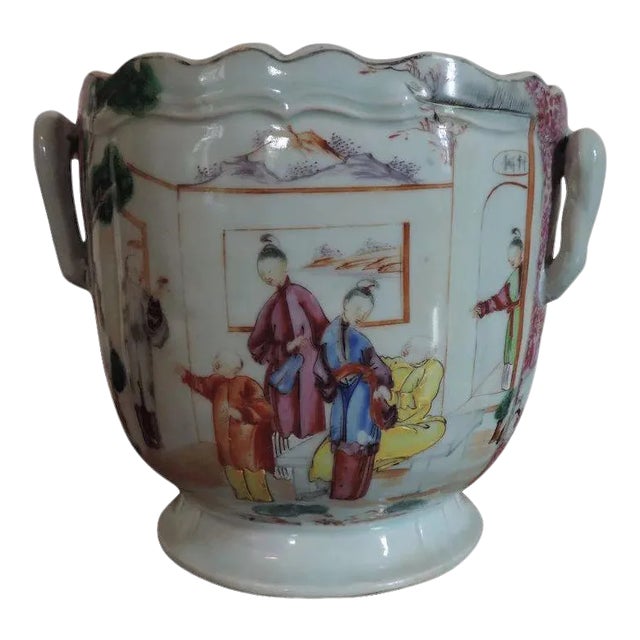 1760 Chinese Export Porcelain Famille Rose Palette Wine Cooler Cachepot Vase Planter For Sale