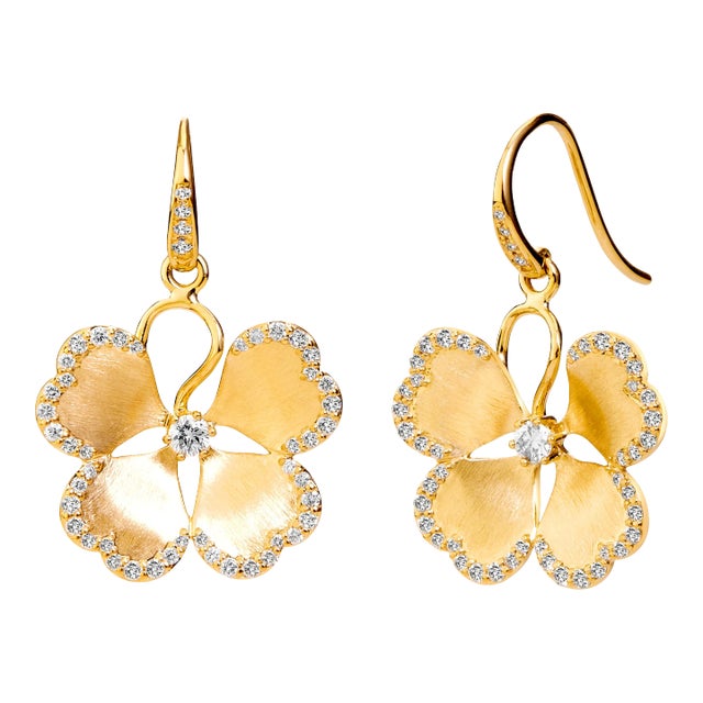Syna Yellow Gold Satin Flower Earrings with Diamonds, a Pair For Sale