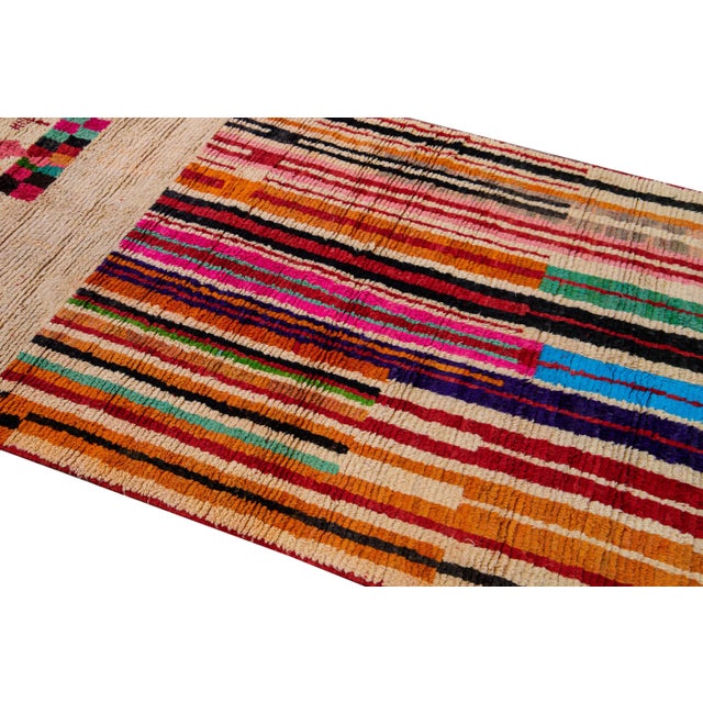 Beige Vintage Beni Ourain Moroccan Handmade Multicolor Designed Beige Wool Rug For Sale - Image 8 of 12