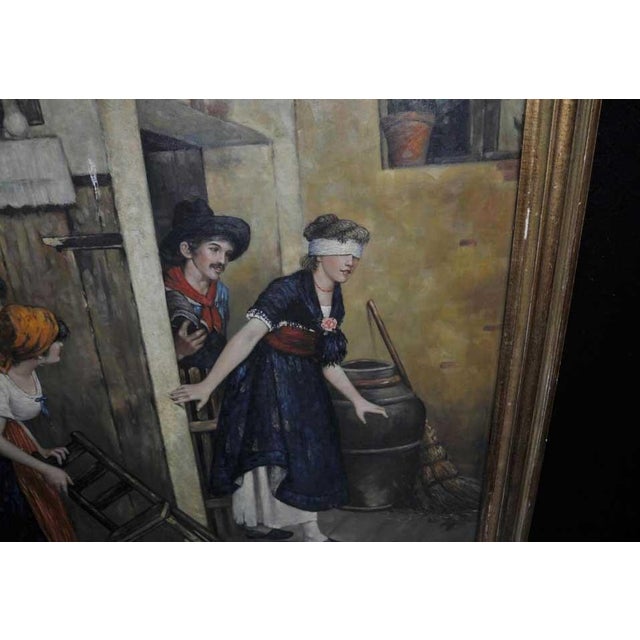 Spanish Artist, Blindfold Scene, 1980s, Large Oil on Canvas, Framed For Sale - Image 6 of 12