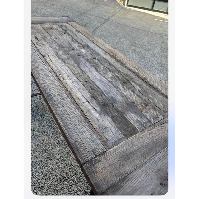 English Vintage Solid Elm Wood and Cast Iron Table From Retired Restoration Hardware Collection For Sale - Image 3 of 3