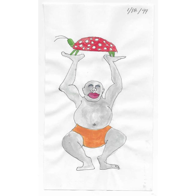 1999 watercolor of a man holding a lady bug above his head. Unsigned, but dated upper right.