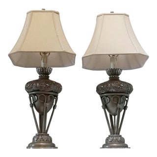 Late 20th Century Neoclassical Silver Tone Gilt Wood Lamps With Lamp Shades - a Pair For Sale