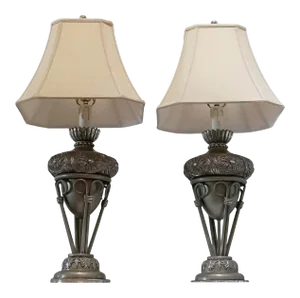 Late 20th Century Neoclassical Silver Tone Gilt Wood Lamps With Lamp Shades - a Pair