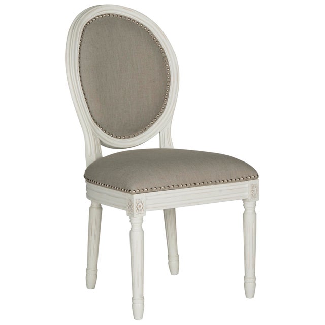 French Brasserie Linen Oval 19''H Side Chair With Silver Nailheads in Light Grey & Cream - a Pair For Sale - Image 4 of 7
