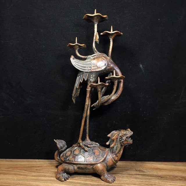 Pair of Vintage Bronze Turtle Dragon and Crane Candle Holders For Sale In Los Angeles - Image 6 of 9