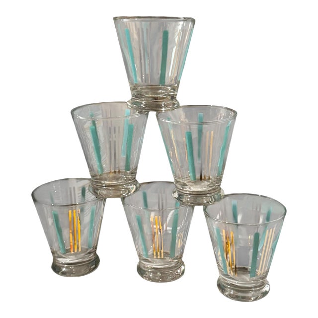 Mid Century Turquoise and Gold Barware Glasses – Set of Six For Sale