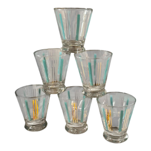 Mid Century Turquoise and Gold Barware Glasses – Set of Six