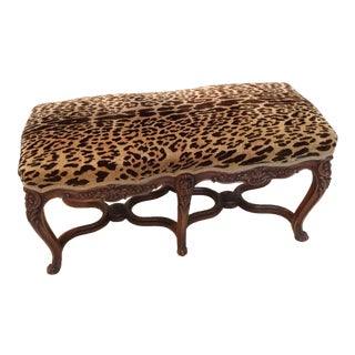 Scalamandre Leopard Velvet Upholstered Walnut French Bench For Sale