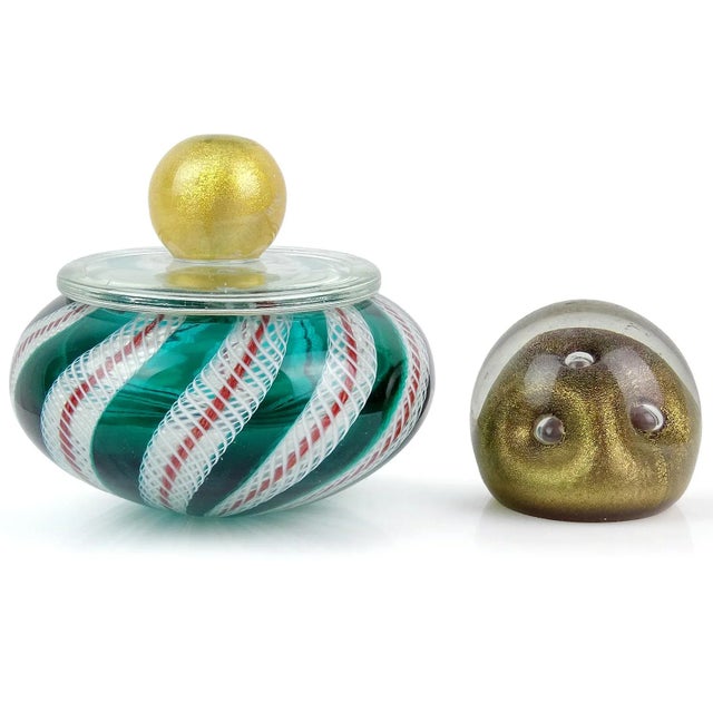 Murano Vintage Murano Green White Glittery Ribbons Gold Flecks Top Italian Art Glass Vanity Powder Jewelry Box For Sale - Image 4 of 6