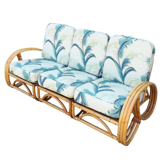 Mid-Century Modern 1950s Restored Mid-Century 3-Strand 3/4 Round Pretzel Arm Rattan Sectional 3-Seat Sofa For Sale - Image 3 of 9