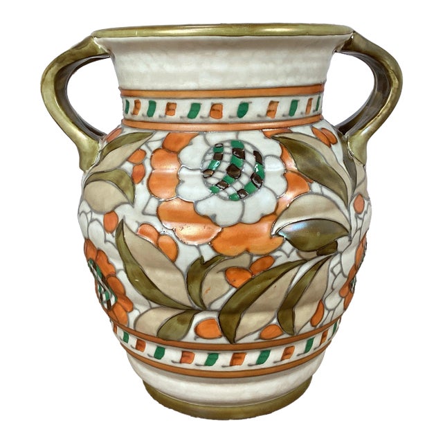 1930s Charlotte Rhead Crown Ducal Pottery Twin Handled Vase Persian Rose Pattern For Sale