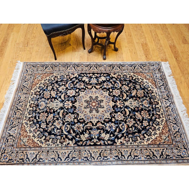 Textile Vintage Persian Nain Area Rug, Hand-Knotted Wool & Silk, Floral Pattern, 4x6, Navy & Ivory For Sale - Image 7 of 18