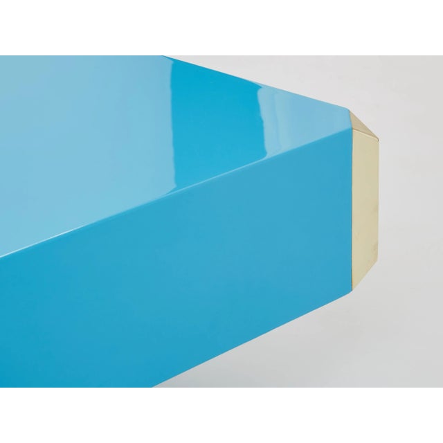 Willy Rizzo Willy Rizzo Blue Lacquer and Brass Bar Coffee Table Alveo 1970s For Sale - Image 4 of 12