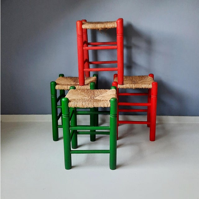 Green and Red Rush Stools, 1970s, Set of 4 For Sale - Image 6 of 8