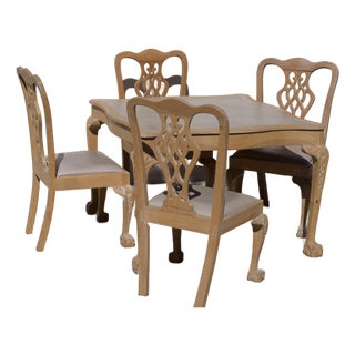 Late 20th Century Handcrafted Chippendale-Style Game Table and Four Chairs With Leather, Set of 5 For Sale