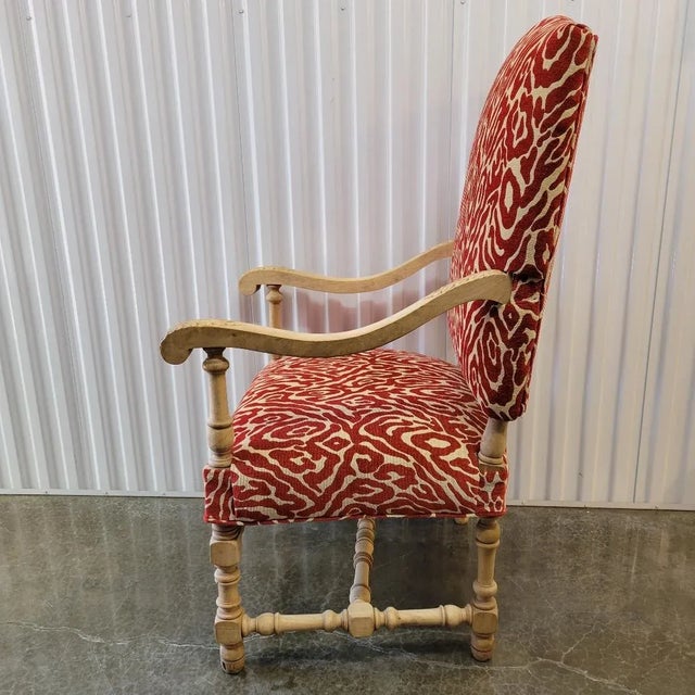 French Louis XIII Style Bleached Oak Throne Chairs With Red Designer Fabric - a Pair For Sale - Image 10 of 11