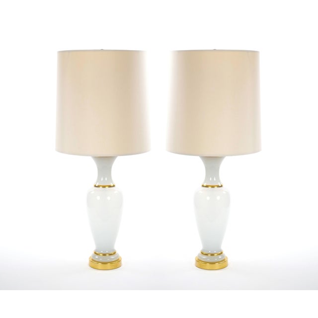 20th Century Hollywood Regency Opaline Glass and Gold-Banded Table Lamps, Pair For Sale - Image 11 of 11