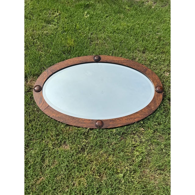 Wood Antique Early 20th Century Oak Framed Beveled Oval Wall Mirror For Sale - Image 7 of 8