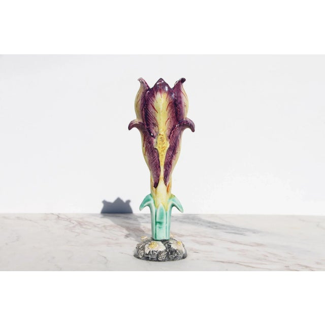 Art Nouveau 1900s Art Nouveau Majolica Iris French Vase For Sale - Image 3 of 13