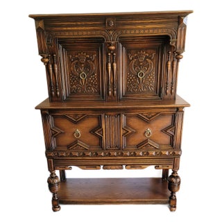Antique 1920's Jacobean Revival Cocktail Cabinet Spanish Revival Tudor Oak Sideboard For Sale