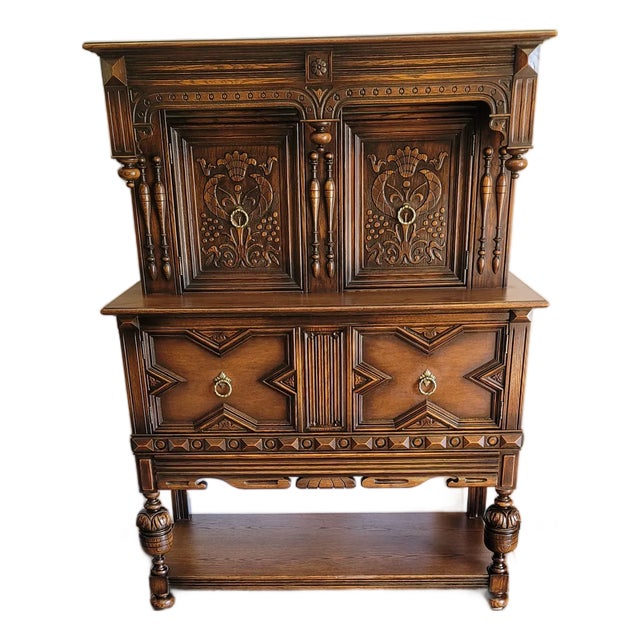 Antique 1920's Jacobean Revival Cocktail Cabinet Spanish Revival Tudor Oak Sideboard For Sale
