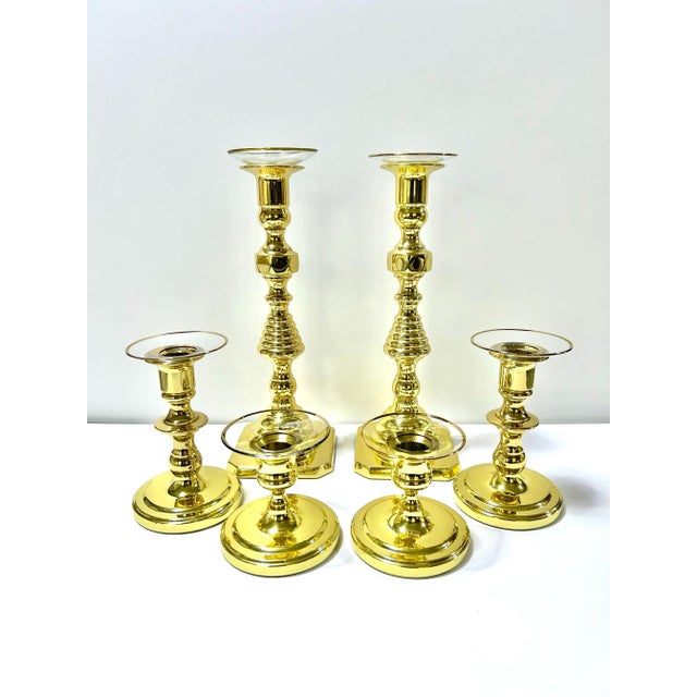 Baldwin Brass Candlesticks With Glass Bobeches – Set of 6 Vintage Brass Candle Holders For Sale - Image 12 of 12