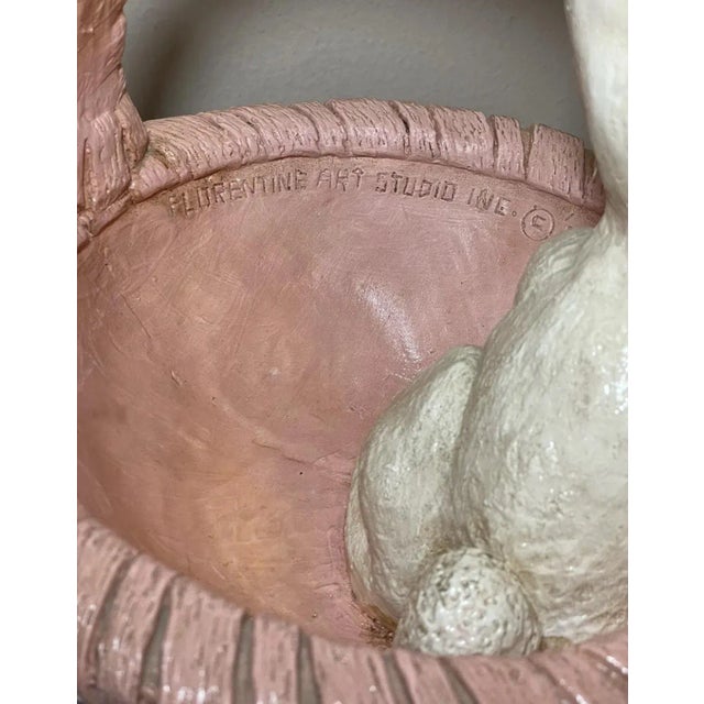 Peach Vintage Florentine Art Studio Pottery Sculpture Rabbit Bunny in Easter Basket For Sale - Image 8 of 12