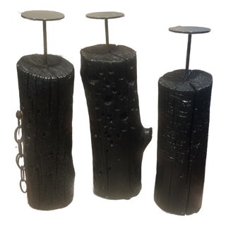 Set of 3 Artisan Made Norse Style Solid Wood Candle Holders For Sale
