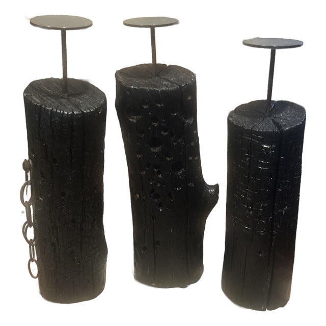 Set of 3 Artisan Made Norse Style Solid Wood Candle Holders For Sale