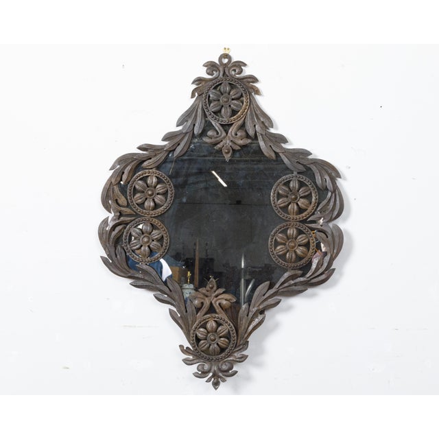 19th Century Spanish 19th Century Metal Wall Mirror with Rosettes, Foliage and Dark Patina For Sale - Image 5 of 12