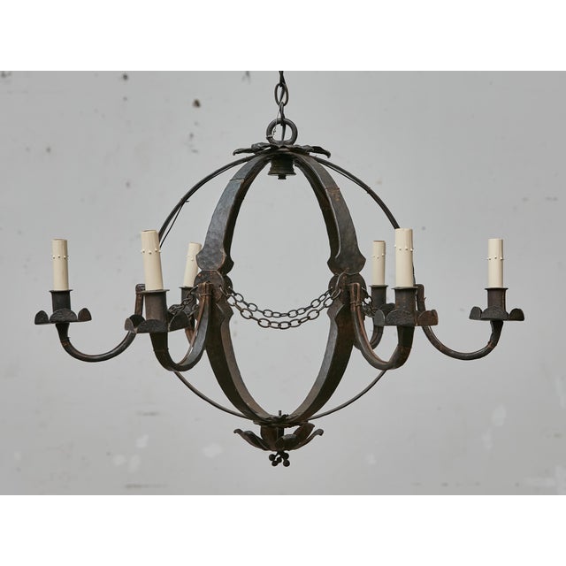 French French Wrought Iron Globe Chandelier with Six Scrolling Arms, Circa 1900 For Sale - Image 3 of 11