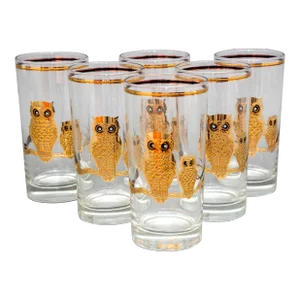 Culver Ltd Highball Barware Glasses 22k Gold Owls Hollywood Regency 1950s Signed
