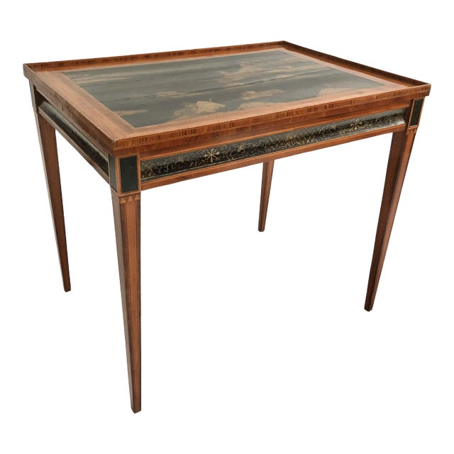 A Late 18th C. English Sheraton Satinwood & Kingwood Tea Table With Chinoiserie Top For Sale