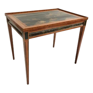 A Late 18th C. English Sheraton Satinwood & Kingwood Tea Table With Chinoiserie Top