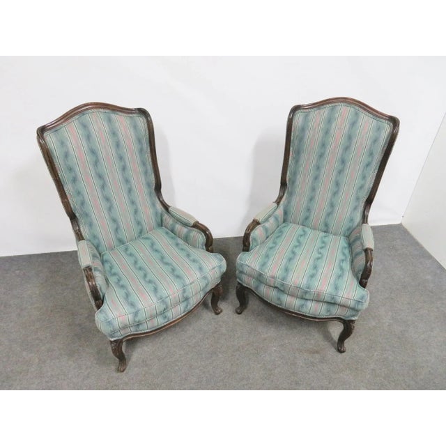 French Louis XV Style Walnut High Back Wing Chairs- a Pair For Sale - Image 3 of 7