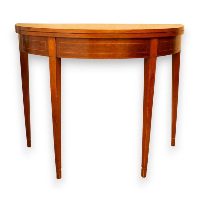 Traditional Antique Federal Style Mahogany Demilune Folding Game Table With Delicate Inlay For Sale - Image 3 of 12