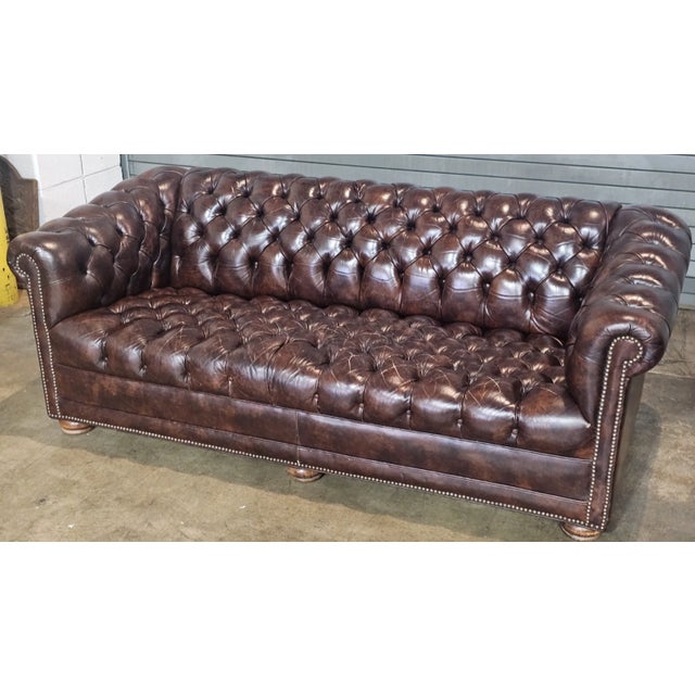 Late 20th Century Classic Chesterfield Brown Top Grain Leather Tufted Leather Sofa Nail Head Trim For Sale - Image 4 of 11