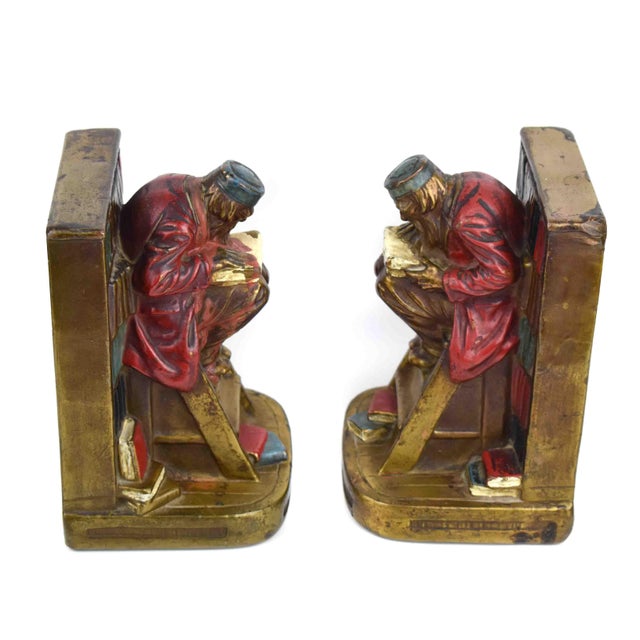 Armor Bronze Antique Rare Hand Painted Armor Bronze "The Bookworm" Polychrome Scholar on Library Ladder Bookends - A Pair For Sale - Image 4 of 14